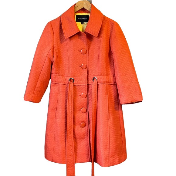 Nine West Women's Trench Coat Jacket Orange Tomato Large drawstring 3/4 sleeve